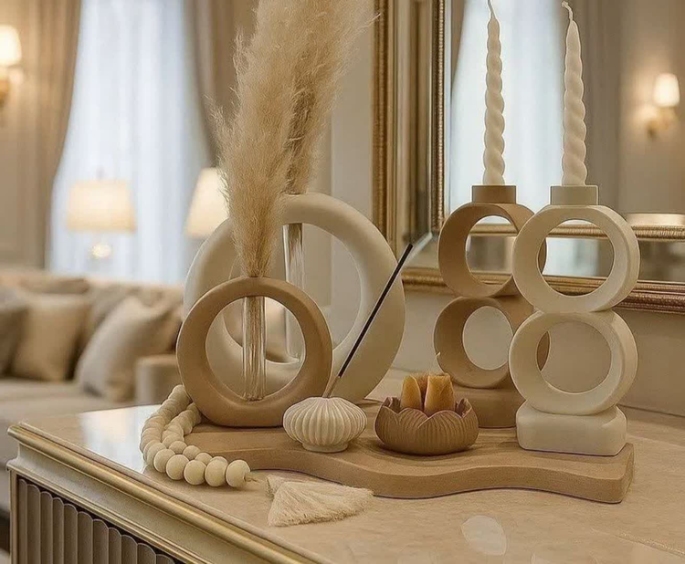 ست دکوری جا عودی جا شمعی گلجا سینی موجی استخوانی نسکافهای - ترمه ۳۴