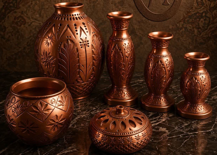 ست کامل ۶تیکه سنگ مصنوعی ترنج دکوری اهرا رو میزی و رو کنسولی مناسب دکور منازل رستوران های سنتی و مهمانسرا ها جهیزیه کادو جاشمعی جا عودی گلدان